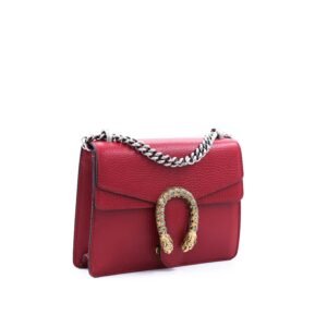 Gucci Mini Dionysus Shoulder Bag in red leather with tiger head closure and silver-tone chain strap.