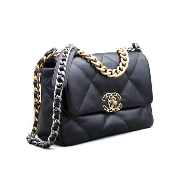 Chanel 19 Flap Bag in black lambskin leather with oversized diamond quilting and two-tone chain strap