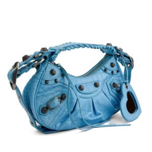 Balenciaga Le Cagole XS Shoulder Bag in vibrant blue croc-embossed leather with black-tone hardware