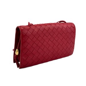 Bottega Veneta Trio Pouch On Strap in red Intrecciato leather with gold-tone hardware.