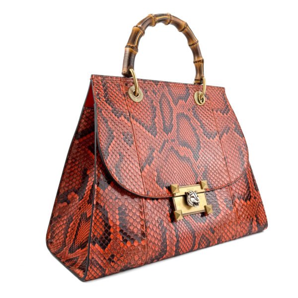 Gucci Custom VIP Exclusive Orange Python Top Handle Bag with bamboo handle and gold-tone hardware.