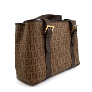 Fendi Runaway Shopping Bag in FF monogram canvas with leather trim and gold-tone hardware.