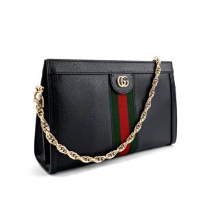 Gucci GG Supreme Ophidia Small Chain-Strap Shoulder Bag in black leather with green and red Web stripe.