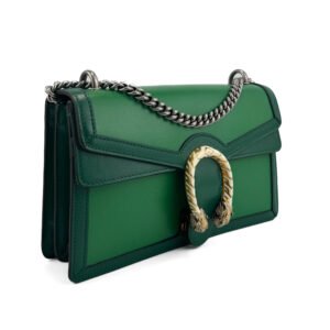 Gucci Medium Dionysus Shoulder Bag with Chain in green leather and silver-tone tiger head closure.