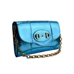 Gucci Horsebit 1955 Special Edition Bag in metallic blue python leather with gold-tone hardware.