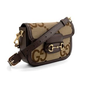 Gucci Horsebit 1955 Mini Shoulder Bag in GG Supreme canvas with brown leather trim and gold-tone Horsebit hardware.
